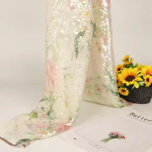 High Stretch Breathable Eco-Friendly 100% Polyester Digital Printed Bead Embroidery Fabric Mesh Sequin Fabric