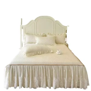 High-end Pink Home Textile Solid Color Fitted Flat Cotton Lace Bed Skirt Sets