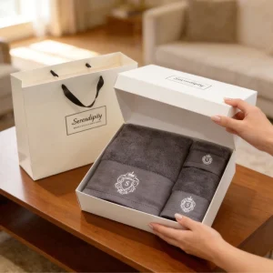 High end Three Piece Square Spa Bath & Face Towel Gift Box Set with Embroidered S Crest Logo Pure Cotton Thick Absorbent