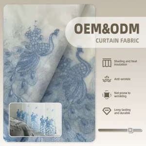 High quality Blue Peacock Pattern Jacquard Nonwoven 100% Polyester Lightweight Luxury Embroidery Sheer Curtain Material Rolls