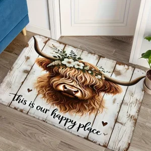 Highland Cow Door Mat Farmhouse Welcome Mat Floral Wreath Rustic Wood Non Slip Entrance Rug Home Decor