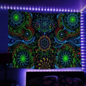 Hippie Psychedelic UV Black Light Aubusson Knitted Printed Custom Glowing Trippy Tapestry