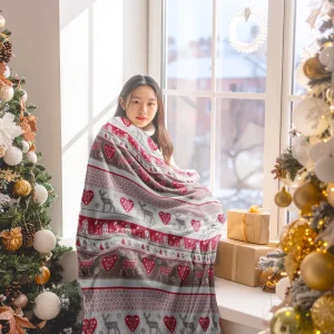 Holiday Christmas Throw Blanket Two Layer Sherpa Flannel Fleece Soft Cozy Warm Bed Couch Supermarket Promotion OEM