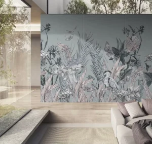 Home Decor Custom Teal Grey Tropical Bird and Butterfly Botanical Jungle Wall Mural for Living Room Hotel Easy Install Removable