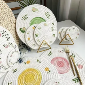 Home Decor Heat Resistant Round Woven Cotton Placemats for Dining Table Non Slip Kitchen Table Mats Cup Coaster