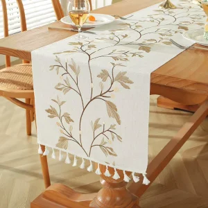 Home Decoration’s New Simple Cotton Linen Table Runners Embroidered Leaf Jacquard Flower Tassel Knitted Techniques Household