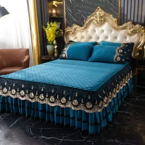 Home Full Size Lace Velvet Embroidered Bedding Set Comforter Bed Sheets Skirt Bed Cover Elegant Embroidery Bedspread Bed Set