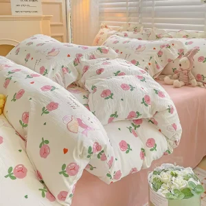 Home Textile Double Yarn 4 Piece Bedding Set 100 Polyester Printed Bed Sheet Set Colorful Bedspread and Pillow case for Bedroom