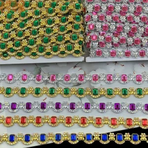 Homecoming Mum Supplier Colorful Rectangular Crystal Rhinestone Chain Trim Roll Sew on Rhinestone Band for Clothing Decoration