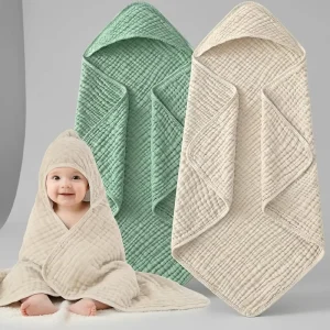 Hooded Baby Bath Towels 2 Pack 6 Layer Muslin Cotton Soft Absorbent Solid Pattern Square Shape for Newborn Infants Toddlers