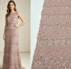 Horizontal Tassel Fringe Mesh Fabric Mixed Size Crystal Sequins Beaded Embroidery Tulle for Couture Formal Maxi Dress