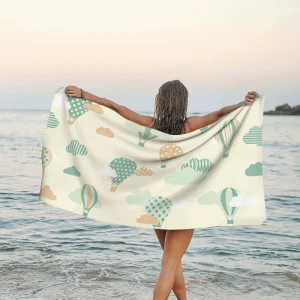 Hot Air Balloon & Cloud Print Polyester Beach Towel Customizable Quick Dry Absorbent Pastel Color Large Seaside Vacation Towel