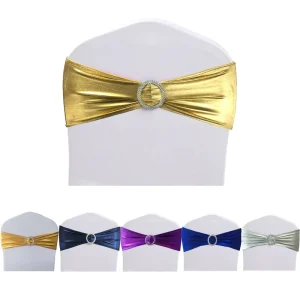 Hot Selling Metallic Foil Chair Sashes Bow Elastic Stretch Chair Band Tiebacks with Buckle for Wedding Banquet Decoration
