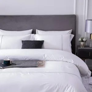 Hotel Bed Embroidered 3 Lines on Duvet Covers and Pillow Cases Flat Sheet White Bedding Set