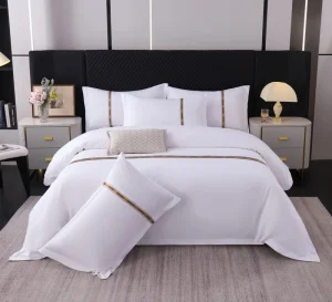 Hotel Bedding Set Cotton White with Brown & Gold Striped Embroidery BorderHotel Resort Use Custom Logo OEM