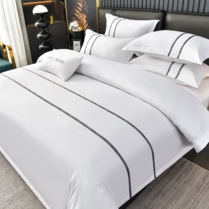 Hotel Bedding Set Cotton White with Double Dark Grey Embroidered Border Stripe Custom Logo Accepted