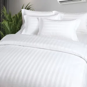 Hotel Bedding Set Duvet Cover Flat Sheet Pillowcase Set 100% Cotton 250TC White Satin Stripes