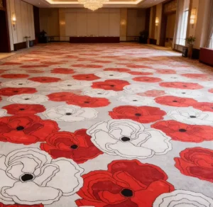 Hotel Hallway Carpet Wall to Wall Nylon Axminster Stain Resistant Heavy Traffic Custom Logo for Distributor Monthly Restock