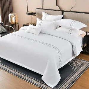 Hotel Quality Cotton Sateen Bedding Linen Set White with Floral Embroidery Trim Soft Durable Duvet Cover & Pillowcases