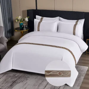 Hotel Stars Rated Woven Tape Stickers Ground Pure White Four Pieces Cotton Bed Sheets King Size Bedding Set