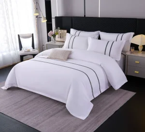 Hotel Style White Bedding Set Cotton 4 Piece Grey Embroidered Border Duvet Cover Pillowcase Set with Stripe Design