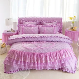 Hotel Wedding Luxury Modern Solid Color Velvet Lace Bed Duvet Cover Fitted Skirt Sheets 4pcs Bedding Bedspread Sets