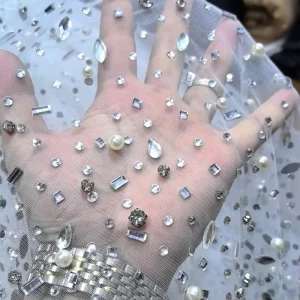 Hotfix Rhinestone Mesh Curtain Fabric Sheer Decorative Tulle Custom Heat Transfer Pattern Window Voile Textile