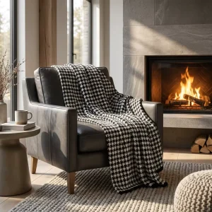 Houndstooth Knitted Throw Blanket Soft Cozy Texture for Sofa Bed Black White Jacquard Decorative Blanket for Home Living Room