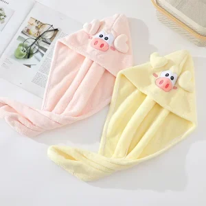 Household Bathroom Supply Woven Triangle Cartoon Cute Pig Design Microfiber Soft Quick Dry Adult Hair Towel