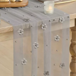 I396 3D Floral Pearl Mesh Table Runner Thin Tulle Wedding Veil Chair Back Tulle Table Runner