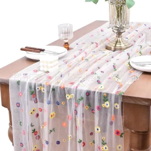 I397 New Design Embroidered Daisy Flower Easter Mesh Sheer Table Runner for Banquets Wedding Home Party Decoration