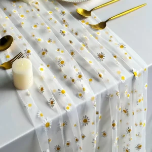 I398 Mesh Tulle Table Runner with Large Daisy Floral Print Wedding Banquet Country Style Table Runner