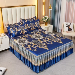 Ice Silk Bedsheet Lace Summer Mat Parisian Style Sea of Flowers 3 Pieces 2 Pillow Cases Plus Bed Skirt Set
