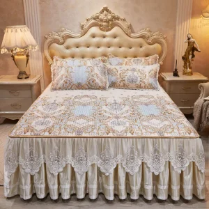 Ice Silk Cooling Bed Skirt Set 3 Piece Summer Bed Skirt Mat with Pillowcases Breathable Washable