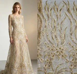 In Stock Embroidery Lace Peacock Feather Sequin Tulle Mesh Reinforced Stitch Luxury Fabric for Wedding Bridal Dress