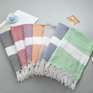 In Stock Quick Drying Polyester Cotton Turkish Beach Towel with Tassel Cotton Towel with Jacquard Technics