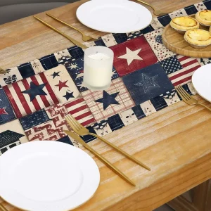 Independence Day Printed Customizable Linen Durable American Style Table Runner for Kitchen Table Vintage Dining Home