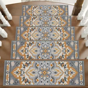 Indoor Boho Medallion Stair Rugs Patent Self Adhesive Rubber Backing Non Slip Stair Runner Carpets for Wooden Steps