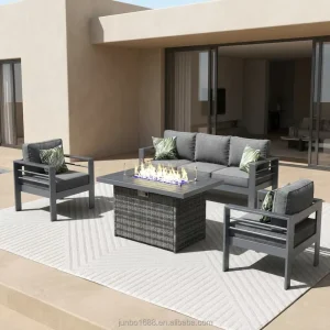 Industrial Style Outdoor Sofa Set Metal Garden Furniture with Wicker Firepit Table Weather Resistant Patio Lounge Set for Villa