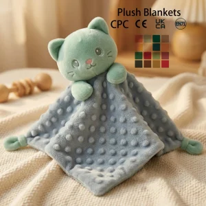 Infant Comfort Bedding CPC CE Multicolor Plush Baby Lovey Teething Cuddly Toy Security Blanket with Cat Head