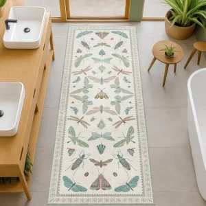 Insect Butterfly Dragonfly Print Runner Rug Boho Nature Theme Carpet Absorbent Anti Slip Mat for Hallway Living Room Bedroom