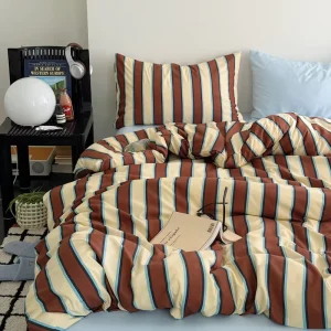 Instagram style Summer Striped Washed Cotton Four Piece Dorm Bedding Set Soft Skin Duvet Cover Sheets