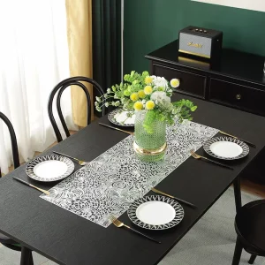 Instant Wipe Clean Oilproof Heat Resistant Peacock Tail Plumage Hollow Foldable Space Saving Dining Table Runner