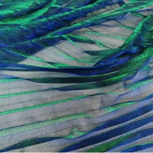 Iridescent Blue Green Shiny Polyester Metallic Knitted Pleated Mesh Jacquard Gold Silver Thread Special Fabric Skirt Dress