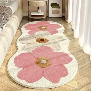 Irregular Wavy Floral Runner Rug Soft Plush Pink Flower Non Slip Bedside Carpet for Bedroom Home Decor