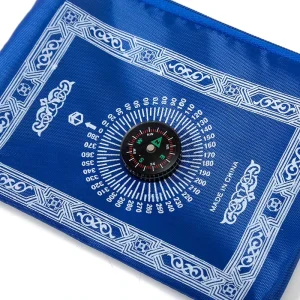 Islamic Handmade Polyester Jacquard Prayer Mat Blue Portable Travel Backrest Carry Bag Compass