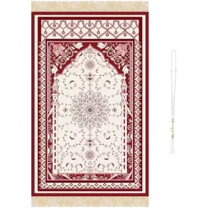 Islamic Prayer Rug Set Muslim Prayer Mat with Mihrab Arch Floral Red Design and White Beaded Tasbih with Tassel Thin Janamaz