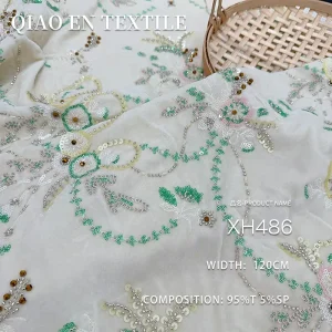 Ivory White Floral Embroidery Fabric with Sequins & Beads, Elegant Fabric for Bridal & Evening Wear