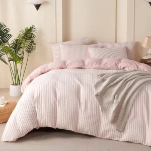Jacquard 3 Piece Modern Striped Duvet Cover Set Eco Friendly 100% Microfiber White Pink Vertical Ticking Stripes Zipper Closure