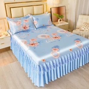 Jacquard Bed Skirt Three Piece Bedding Set European Satin Double Bed Cover Ice Silk Bedding Set